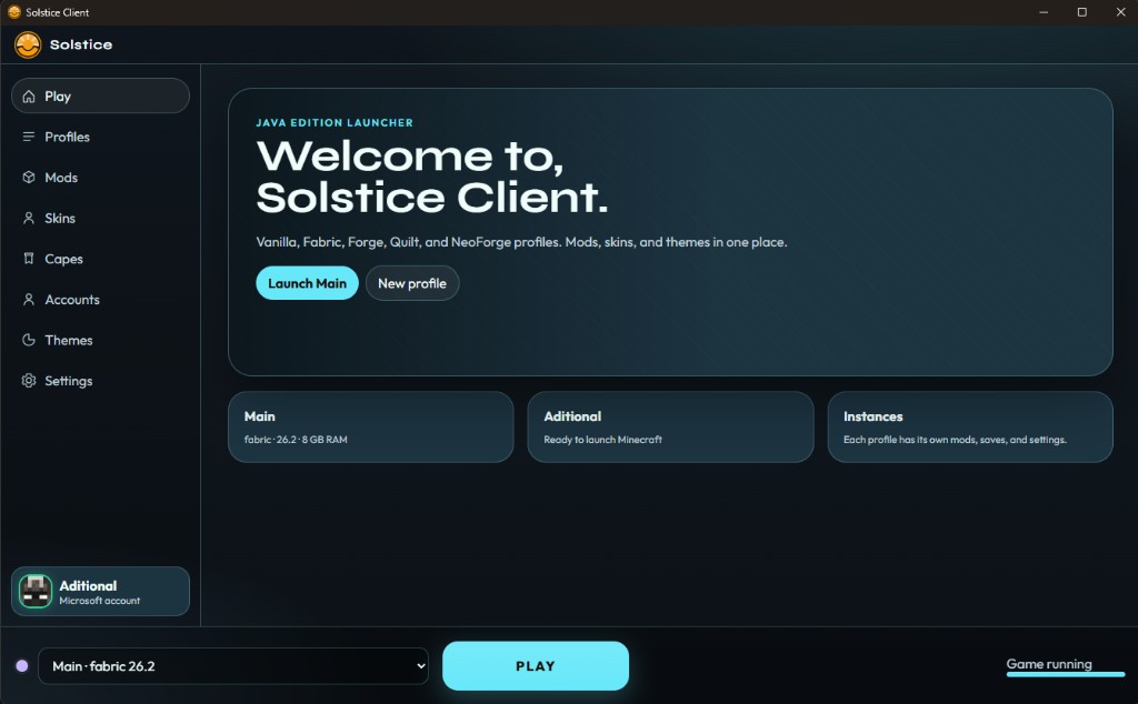 Solstice launcher with Play, profiles, mods, and Microsoft account