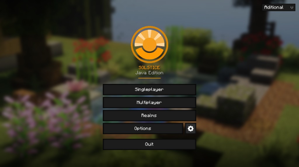 Solstice in-game title screen with Singleplayer, Multiplayer, Realms, Options, and Quit